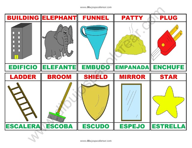 Memorama a color Español - Ingles de la letra E