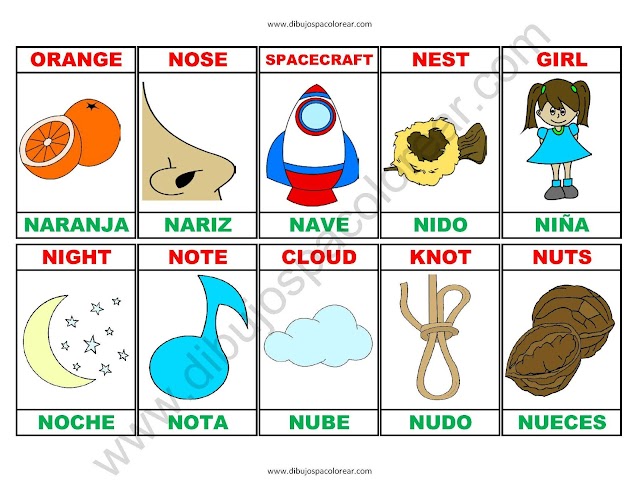 Memorama a color Español - Ingles de la letra N