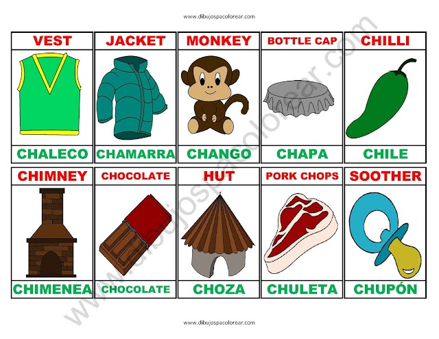 Memorama a color Español - Ingles de la letra CH