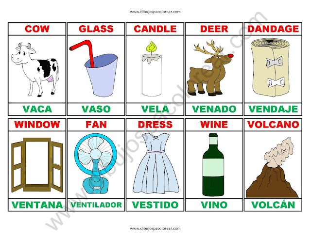 Memorama a color Español - Ingles de la letra V