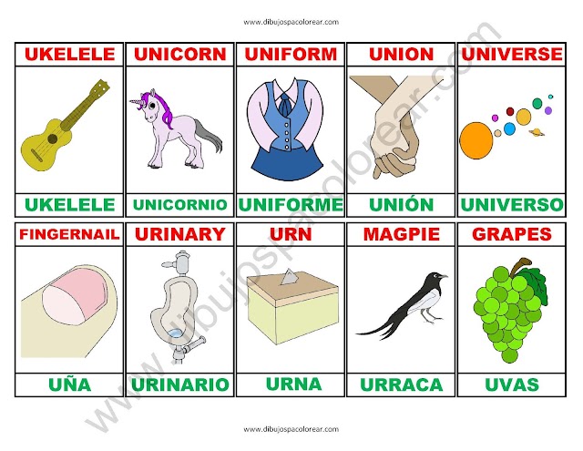 Memorama a color Español - Ingles de la letra U