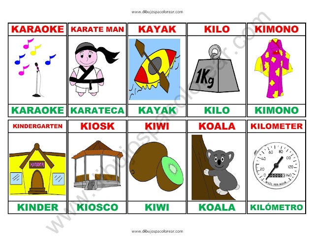 Memorama a color Español - Ingles de la letra K