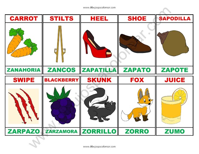 Memorama a color Español - Ingles de la letra Z